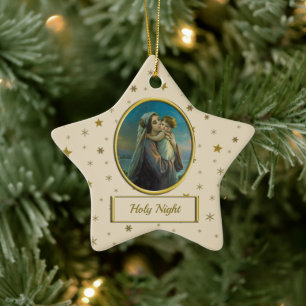 Ornamento De Cerâmica Virgem Maria e Jesus bebê no Natal estrelado