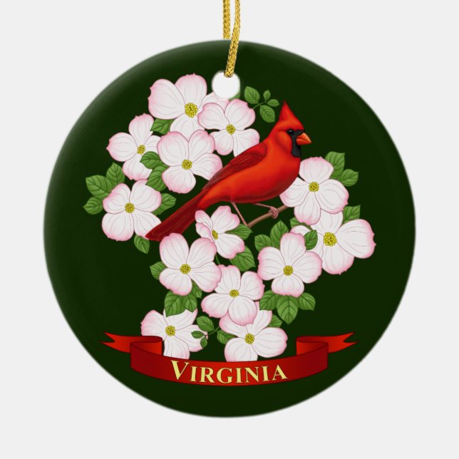 Ornamento De Cerâmica Virginia State Cardinal Bird e Dogwood Flower (Frente)
