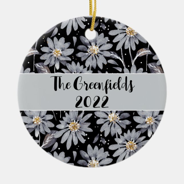 Ornamento De Cerâmica Visitas Prateadas no Feriado Personalizado Preto (Frente)