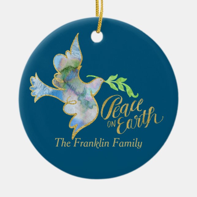 Ornamento De Cerâmica Viva Dourada Paz na Terra (Frente)