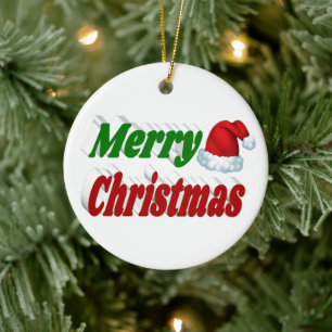 Ornamento De Cerâmica Viva Natal Santa Hat, tipografia verde vermelha