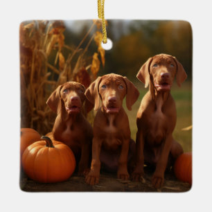 Ornamento De Cerâmica Vizsla Puppy Autumn Delight Pumpkin