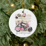 Ornamento De Cerâmica Você Rock My World | Sublimação de motociclos de C<br><div class="desc">Você Agita Meu Mundo! Bonita bonitinha favorece a design de uma bela ilustração de amor feita à mão de homem e mulher numa moto rosa em sublimação moderna. Uma maneira perfeita de dizer comemore um ano indelicioso e agitado! Para outras cores ou produtos correspondentes, visite a loja Fharrynisms Zazzle ou...</div>