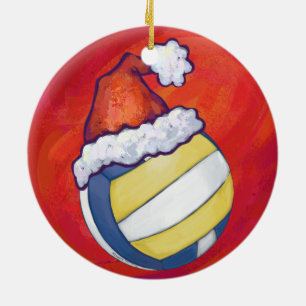 Ornamento De Cerâmica Voleibol com chapéu de Natal
