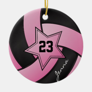Ornamento De Cerâmica Voleibol das estrelas rosa e preta