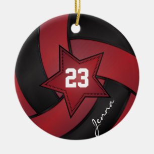 Ornamento De Cerâmica Voleibol das estrelas vermelha e preta