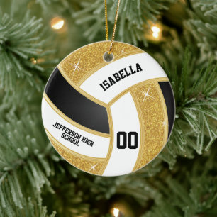 Ornamento De Cerâmica Voleibol Dourado Falso Personalizado, Branco e Pre