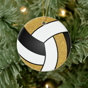Ornamento De Cerâmica Voleibol Dourado Faux, Branco e Negro