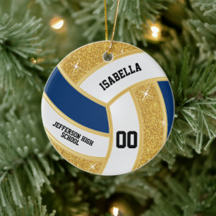 Ornamento De Cerâmica Voleibol Dourado Faux personalizado, branco e azul