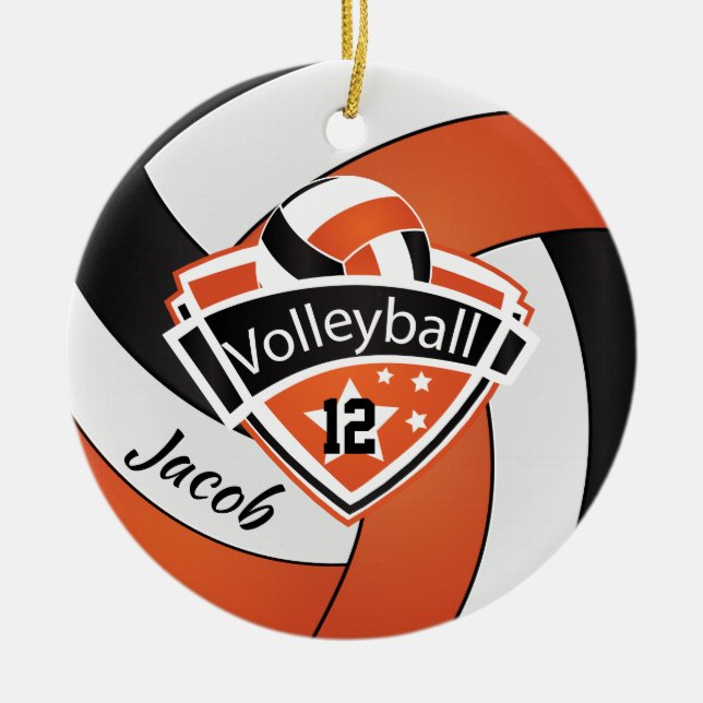 Ornamento De Cerâmica Voleibol Laranja, Branco e Negro (Frente)