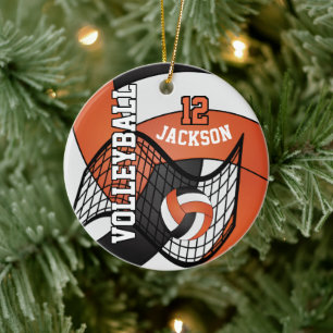 Ornamento De Cerâmica Voleibol Laranja, Branco e Preto 🏐