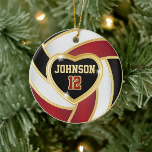 Ornamento De Cerâmica Voleibol 🏐 Preto, Branco e Vermelho Maroon