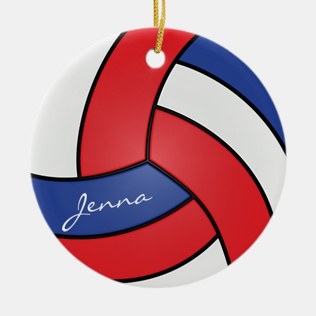 Ornamento De Cerâmica Voleibol Vermelho, Branco e Azul | DIY Name (Frente)