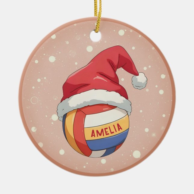 Ornamento De Cerâmica Volleyball Ball with Red Santa Hat Name Christmas (Frente)