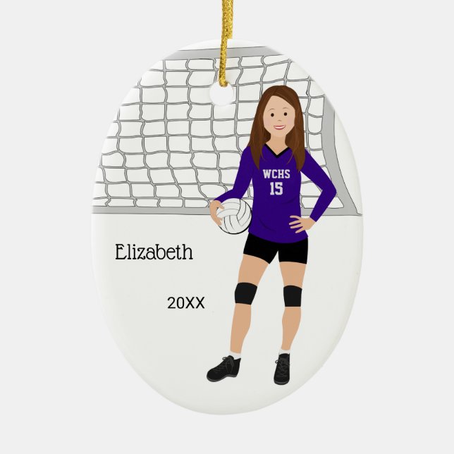 Ornamento De Cerâmica Volleyball Female Brunette Purple & Black (Frente)