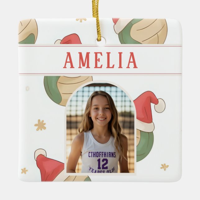 Ornamento De Cerâmica Volleyball Santa Hat Name Photo Christmas   (Frente)