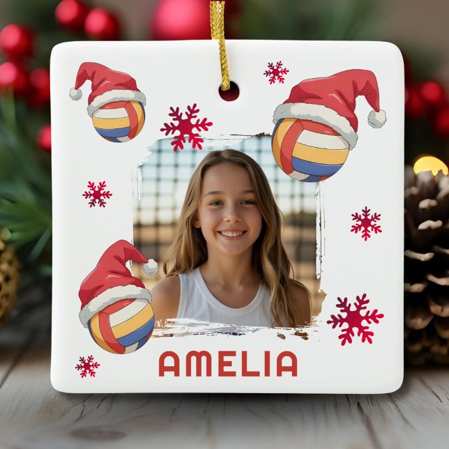 Ornamento De Cerâmica Volleyball Santa Hat Name Photo Christmas  (Criador carregado)
