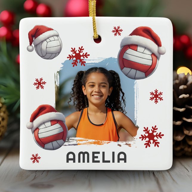 Ornamento De Cerâmica Volleyball Santa Hat Name Photo Christmas  (Criador carregado)