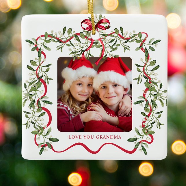 Ornamento De Cerâmica Vovó Arco Wavy Frame Greenery Foto de Natal (Criador carregado)