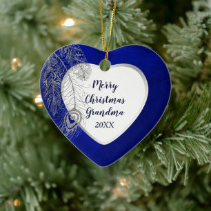 Ornamento De Cerâmica Vovô Prateado Feather Blue Heart Natal