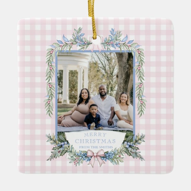 Ornamento De Cerâmica Vovô Rosa e Azul Holly Natal (Frente)