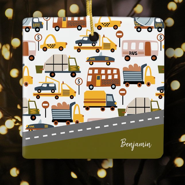 Ornamento De Cerâmica Vroom! Natal do Garoto do Transporte Automóvel (Criador carregado)