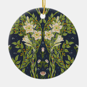 Ornamento De Cerâmica Walter Crane Antigo Padrão Lírio Branco Navy