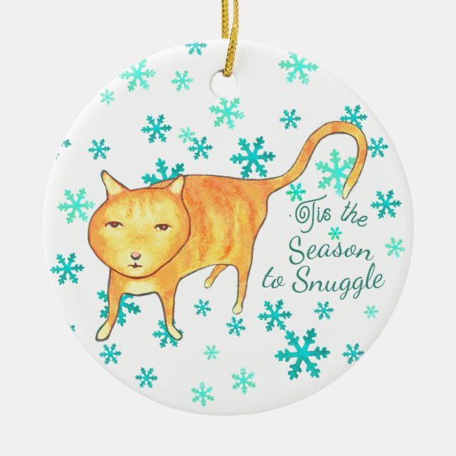 Ornamento De Cerâmica Warm Fuzzies & Winter Flurries Christmas Cat (Frente)