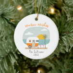Ornamento De Cerâmica Warm Wishes Beach Orange Camper Flamingo<br><div class="desc">Illustration of an orange camper at the beach with ocean,  palm trees,  sunset,  and flamingos.</div>