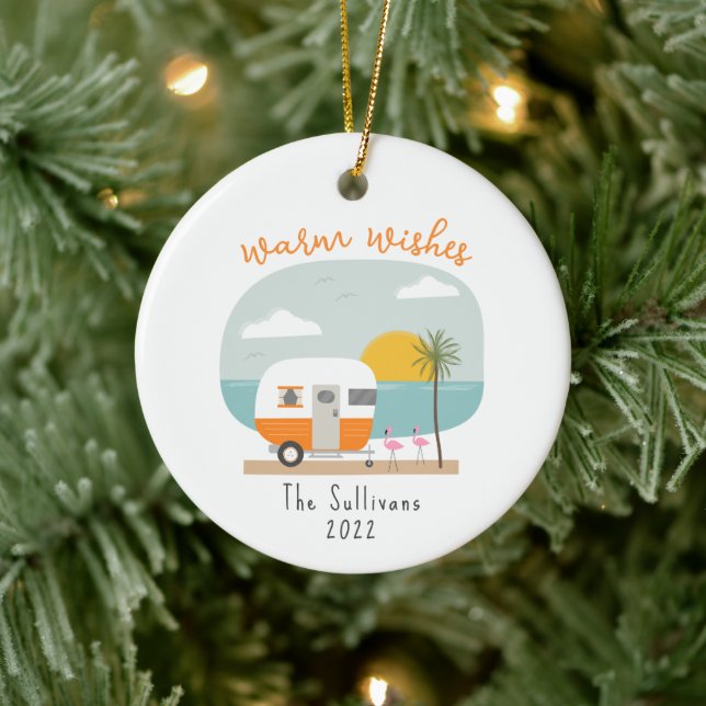 Ornamento De Cerâmica Warm Wishes Beach Orange Camper Flamingo (Árvore)
