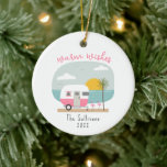 Ornamento De Cerâmica Warm Wishes Beach Pink Camper Flamingo<br><div class="desc">Illustration of a yellow camper at the beach with ocean,  palm trees,  sunset,  and flamingos.</div>
