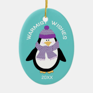 Ornamento De Cerâmica Warmist deseja o pinguim do Natal no azul