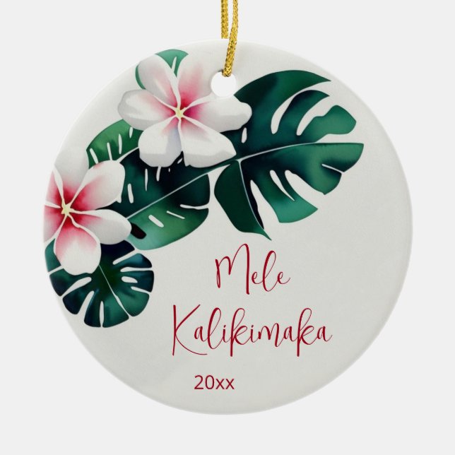 Ornamento De Cerâmica Watercolo Tropical Mele Kalikimaka | Foto da famíl (Frente)