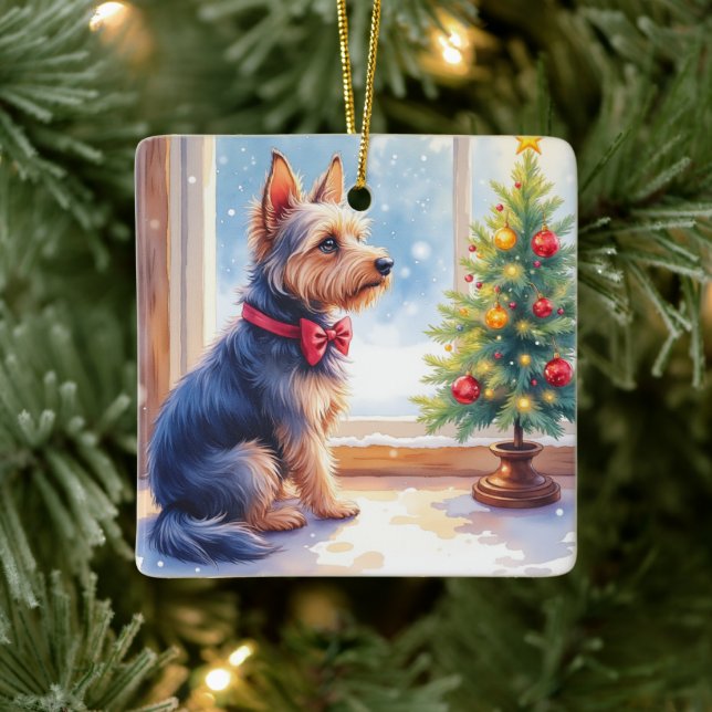 Ornamento De Cerâmica Watercolor Australian Terrier Tabletop Christmas (Árvore)