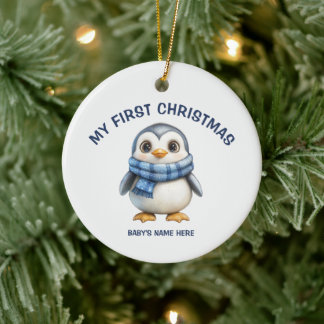 Ornamento De Cerâmica Watercolor Baby First Christmas Photo