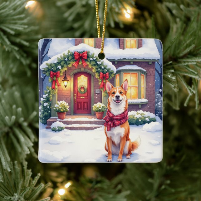 Ornamento De Cerâmica Watercolor Basenji Townhouse Christmas Holiday (Árvore)