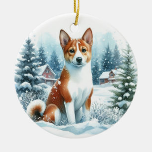 Ornamento De Cerâmica Watercolor Basenji Winter Wonderland Scene