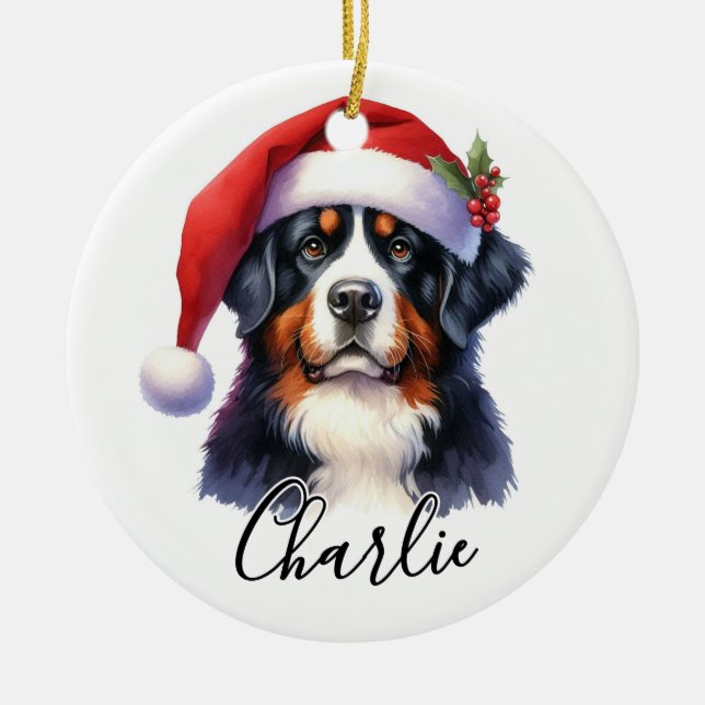 Ornamento De Cerâmica Watercolor Bernese Mountain Dog Personalizado (Frente)