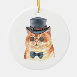 Ornamento De Cerâmica Watercolor Cat Orange Steampunk Natal