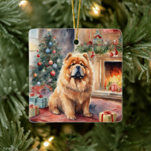 Ornamento De Cerâmica Watercolor Chow Chow - Cena Xmas