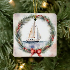 Ornamento De Cerâmica Watercolor Christmas Sailboat In Wreath