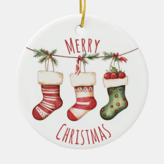 Ornamento De Cerâmica Watercolor Christmas Stockings Ornament