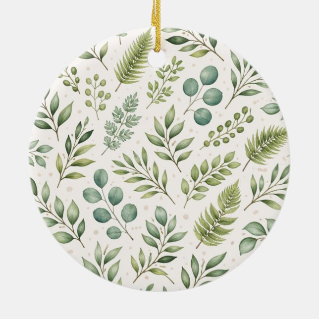 Ornamento De Cerâmica Watercolor Greenery Pattern | Botanical Leaves  (Traseira)
