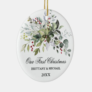 Ornamento De Cerâmica Watercolor Greenery Red Berries FOTO DE VOLTA