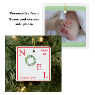 Ornamento De Cerâmica Watercolor Holiday Wreath Photo BABY 1rua NOEL