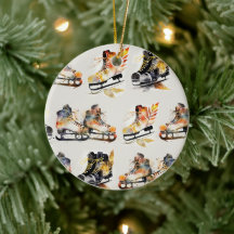 Watercolor Ice Skates with Autumn Leaves Pattern  