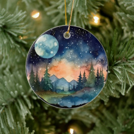 Ornamento De Cerâmica Watercolor Nightsky na floresta com Lua Completa