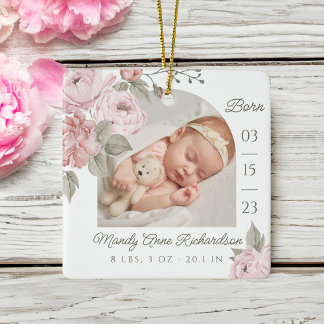 Ornamento De Cerâmica Watercolor Pink Peony Floral Baby Birth Stat Foto