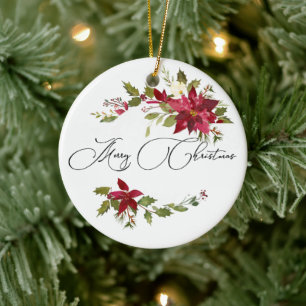 Ornamento De Cerâmica Watercolor Poinsettia e Holly Christmas Photo