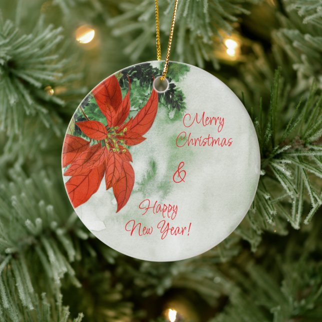 Ornamento De Cerâmica Watercolor Red Poinsettia Feliz Natal (Árvore)